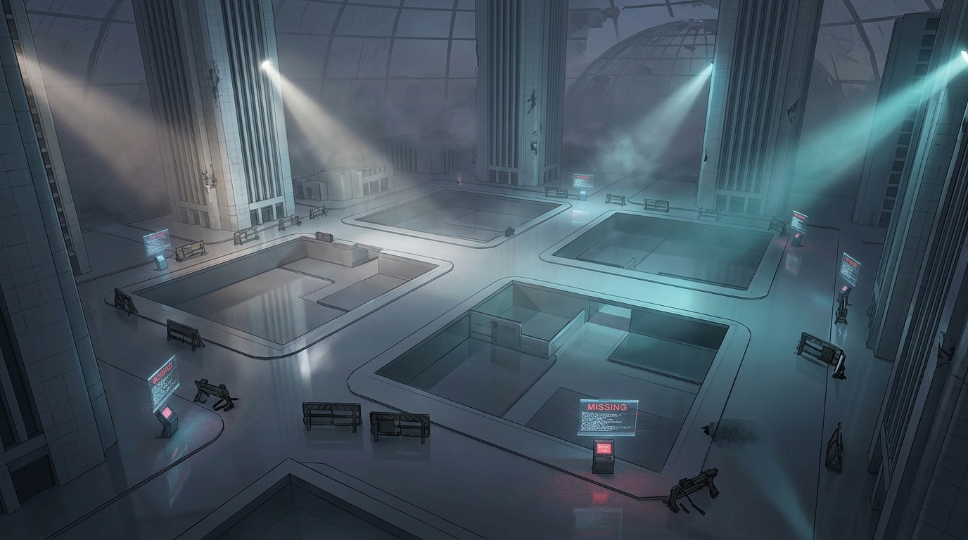 Concept target, not gameplay: brutalist ark-city foundations sheared off into a dark void beneath towering industrial storage silos.
