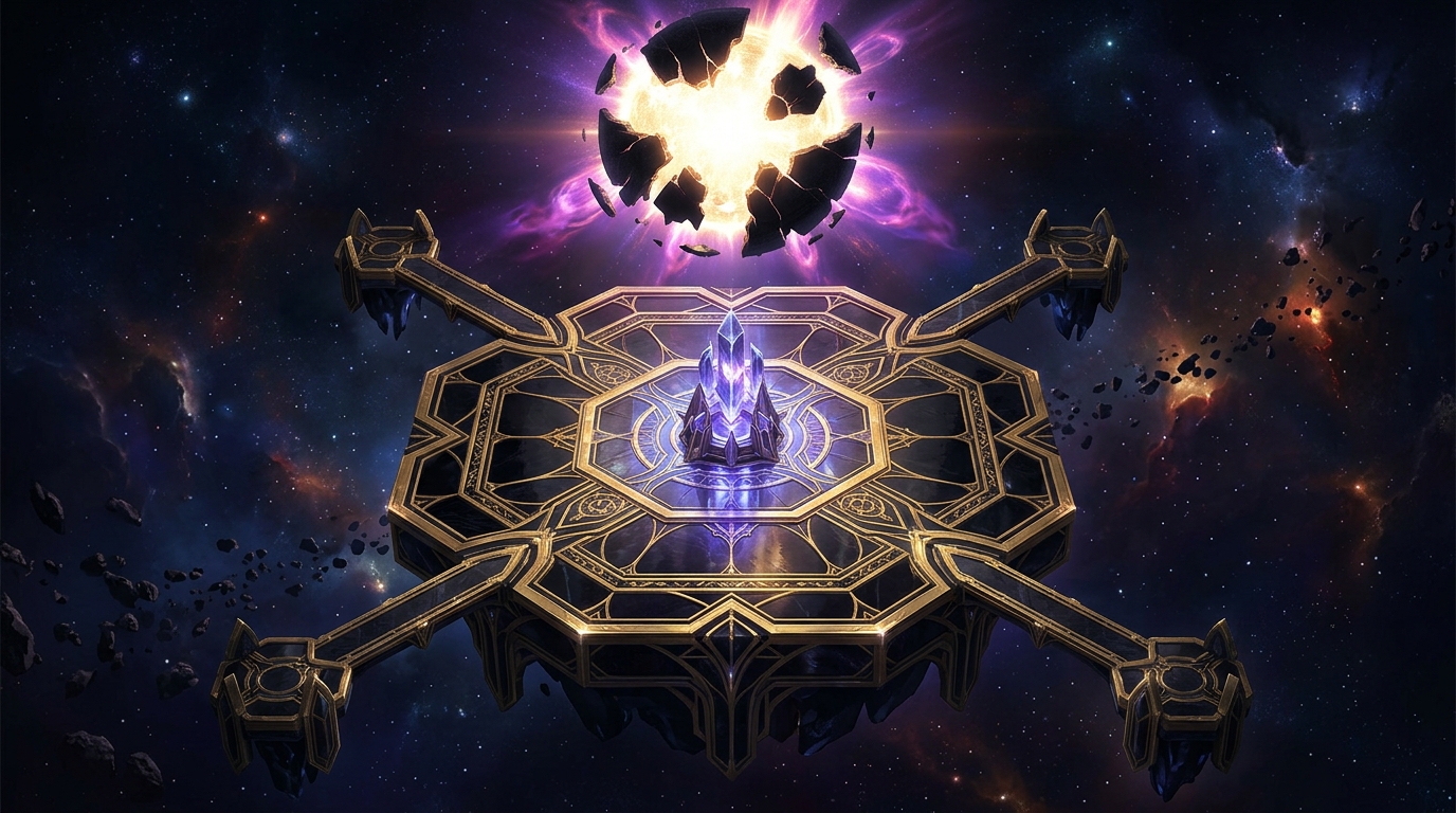 Concept target, not gameplay: massive geometric obsidian platform hovering in space directly beneath the blinding golden coronary fracture of the Broken Sun.