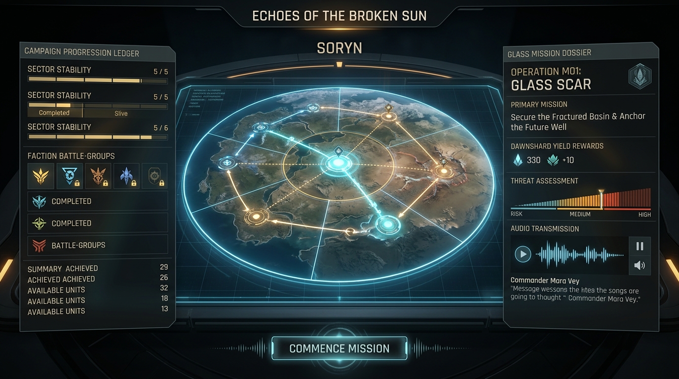 Concept target, not gameplay: planetary campaign operations map and mission dossier showing Soryn's surface radar, connected mission route nodes, threat assessment meters, and Commander Mara Vey voice briefing waveform.