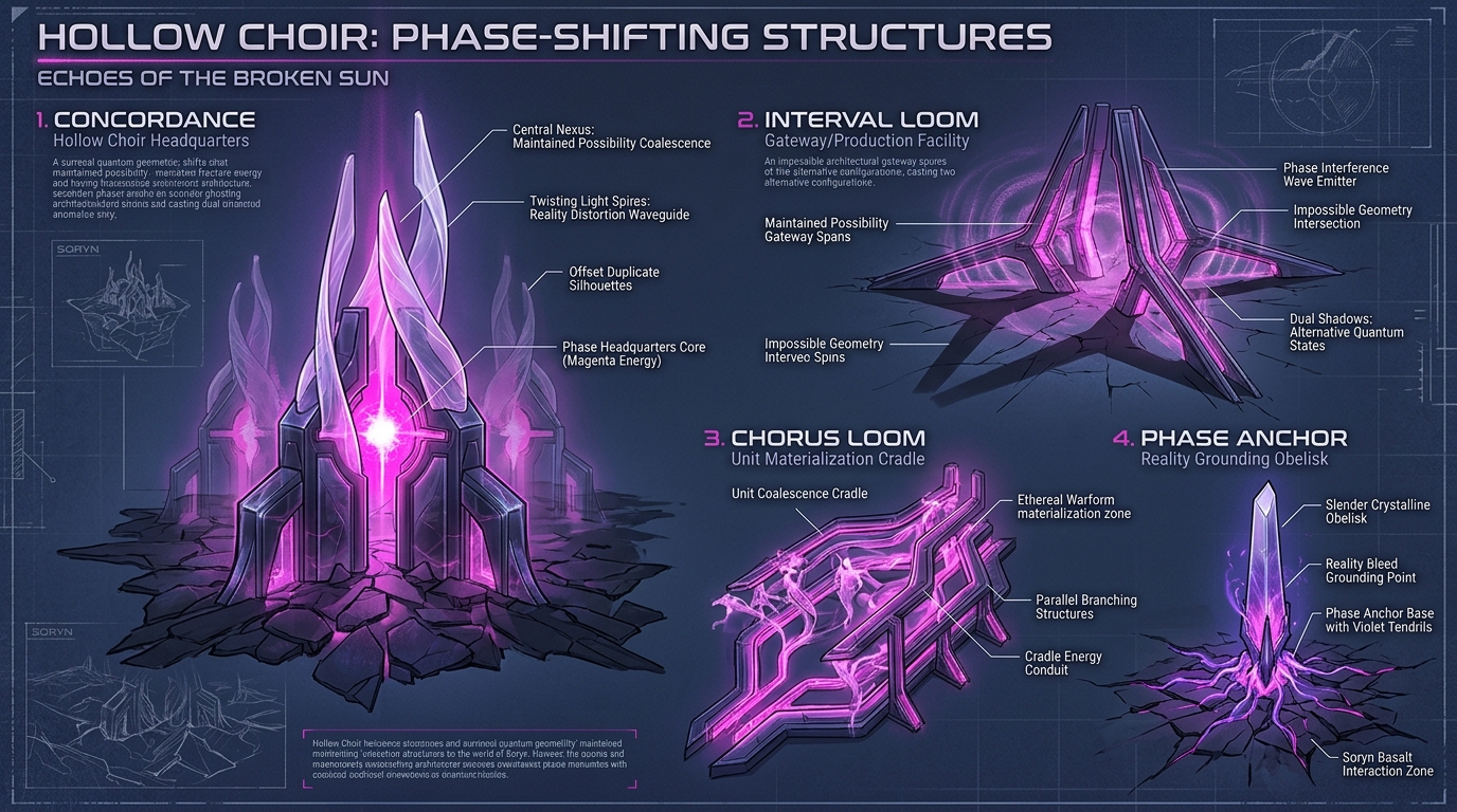 Concept target, not gameplay: Hollow Choir structures architecture sheet showing Concordance levitating core, Interval Loom tuning fork pylon, Chorus Loom synthesis basin, and Phase Anchor tri-fold turret.