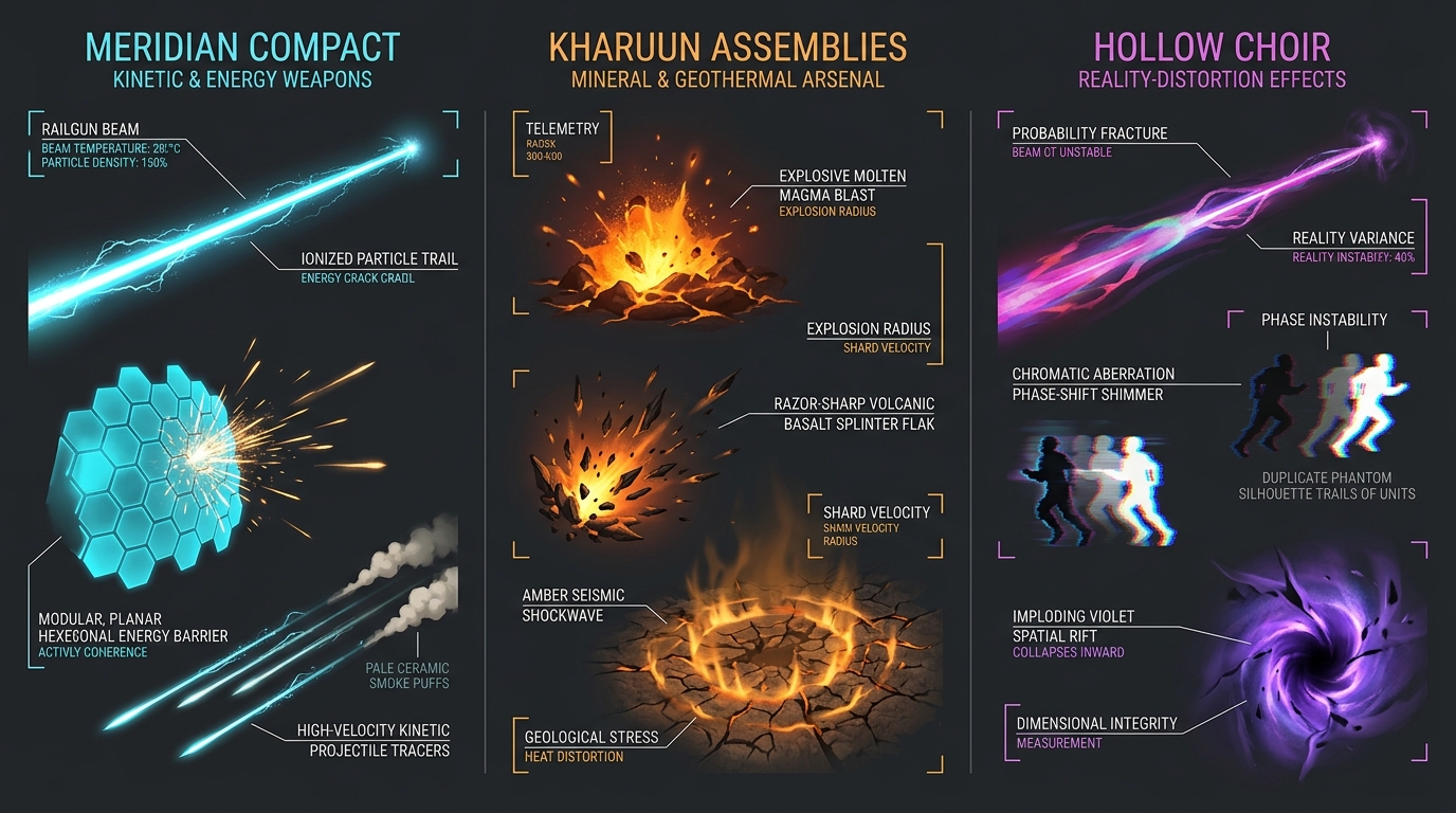Concept target, not gameplay: combat visual effects design sheet comparing weapons, shields, and impacts across the three factions: Meridian cyan rail beams and hexagonal shields, Kharuun amber magma blasts and basalt splinter flak, and Choir magenta probability fractures and phase shimmers.
