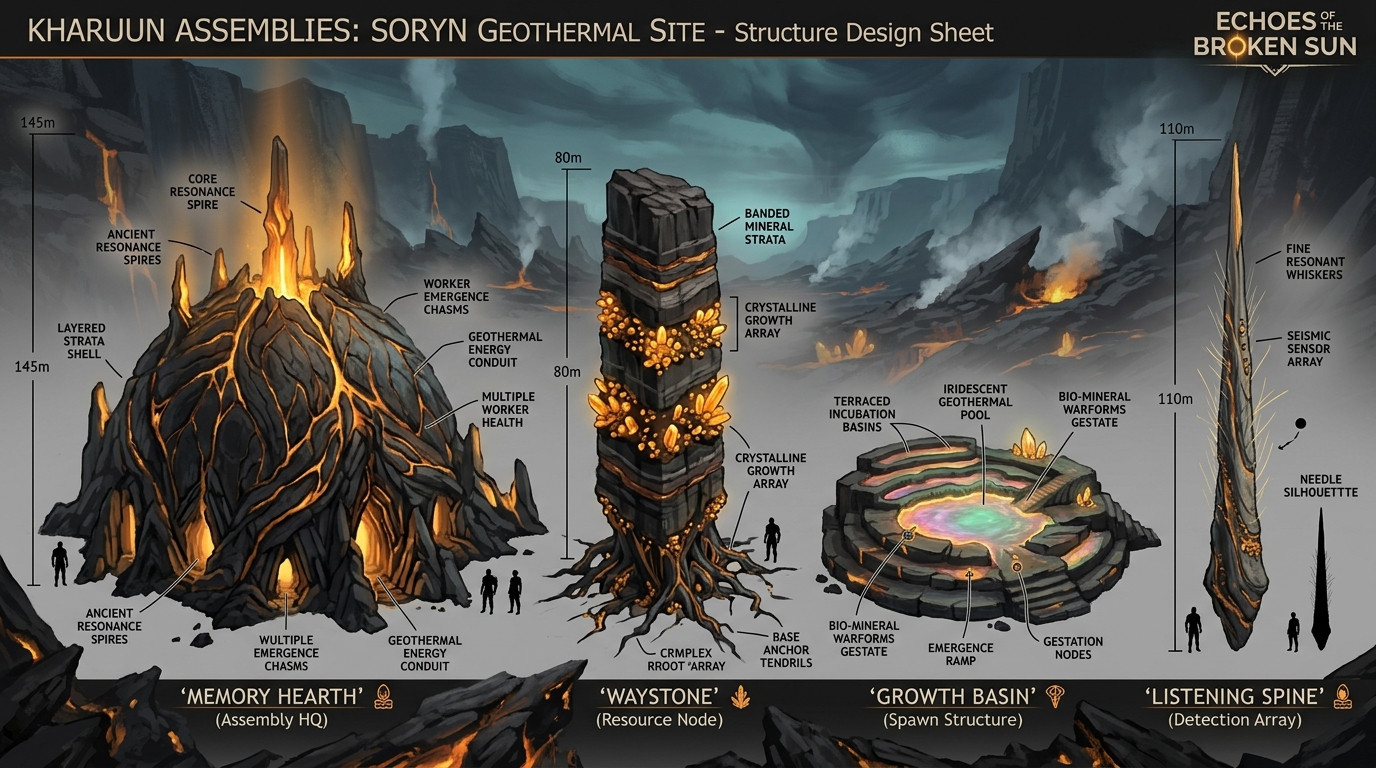 Concept target, not gameplay: Kharuun Assemblies structures architecture sheet showing Memory Hearth dome, mobile walking Waystone monolith, Growth Basin bio-terrace, and Listening Spine seismic needle.