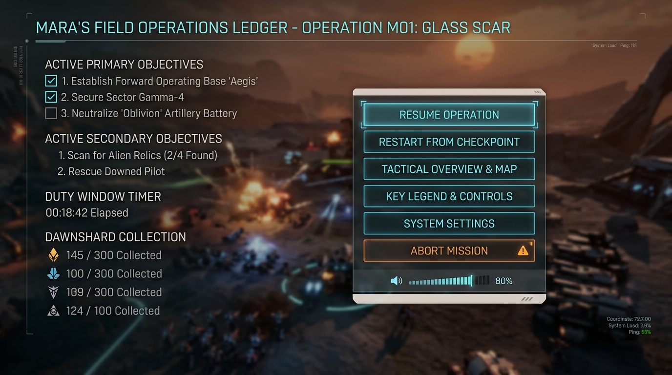 Concept target, not gameplay: Mara's field operations ledger pause menu showing frosted charcoal glass overlay, live mission checklist, casualty telemetry, and quick action buttons.