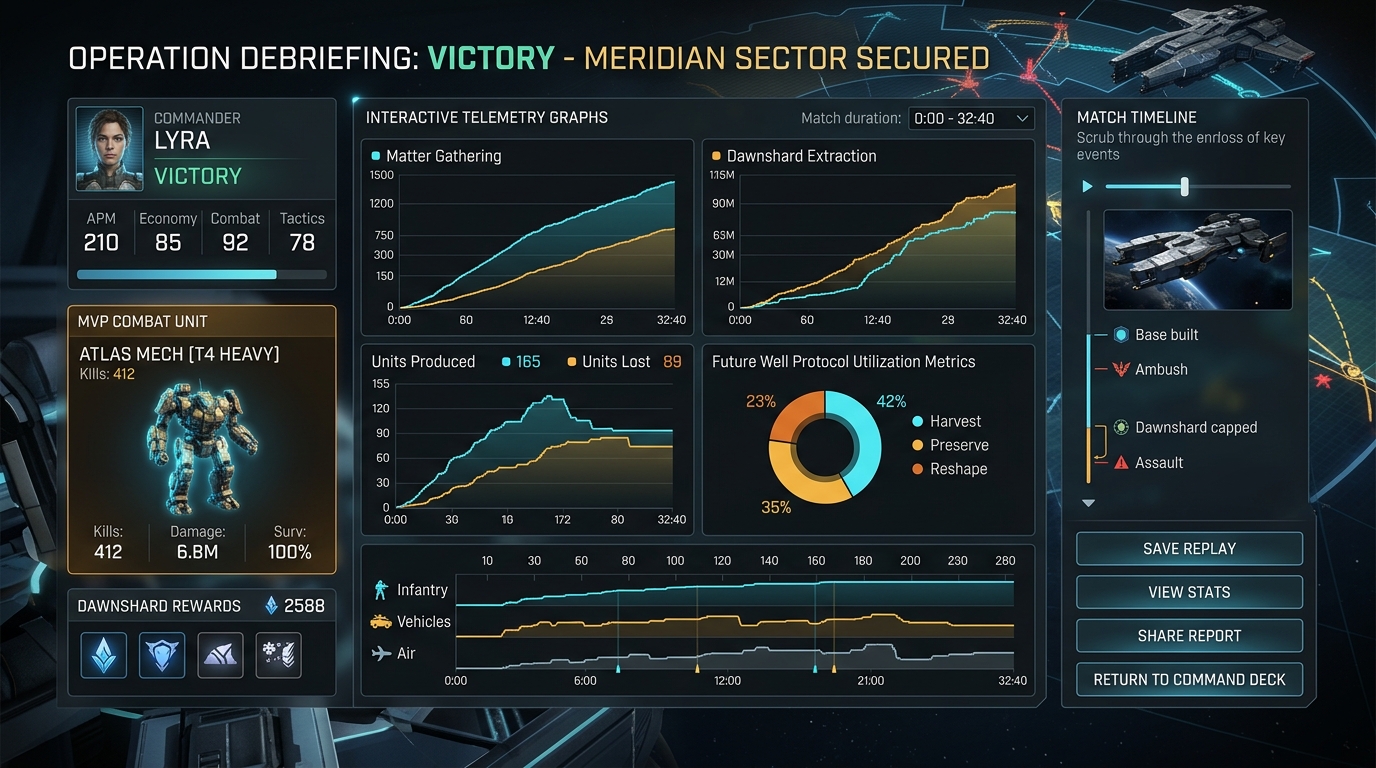 Concept target, not gameplay: post-match victory debriefing menu showing interactive telemetry curves for Matter harvest rate, Dawn extraction, and army value over match time.