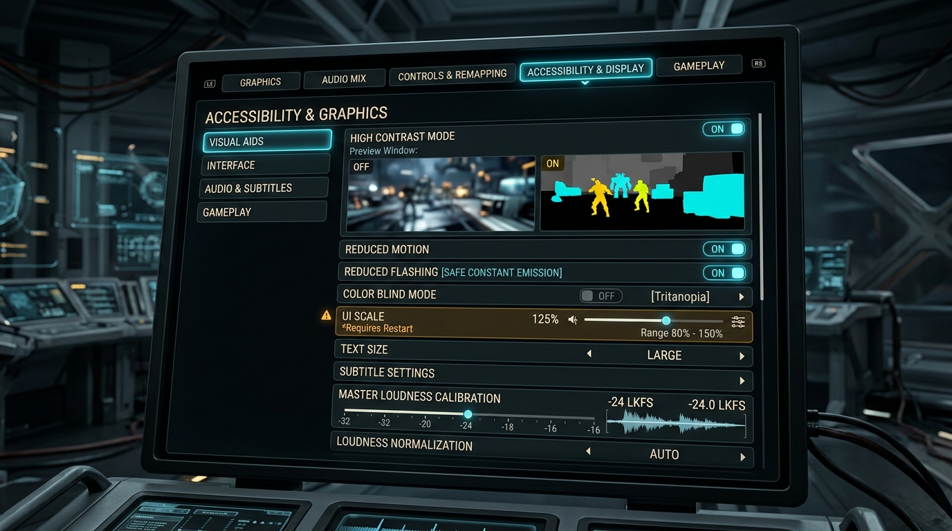 Concept target, not gameplay: systems, settings, and accessibility terminal showing live side-by-side high-contrast mode preview, reduced motion/flashing safety toggles, and -24 LKFS audio loudness calibration meter.