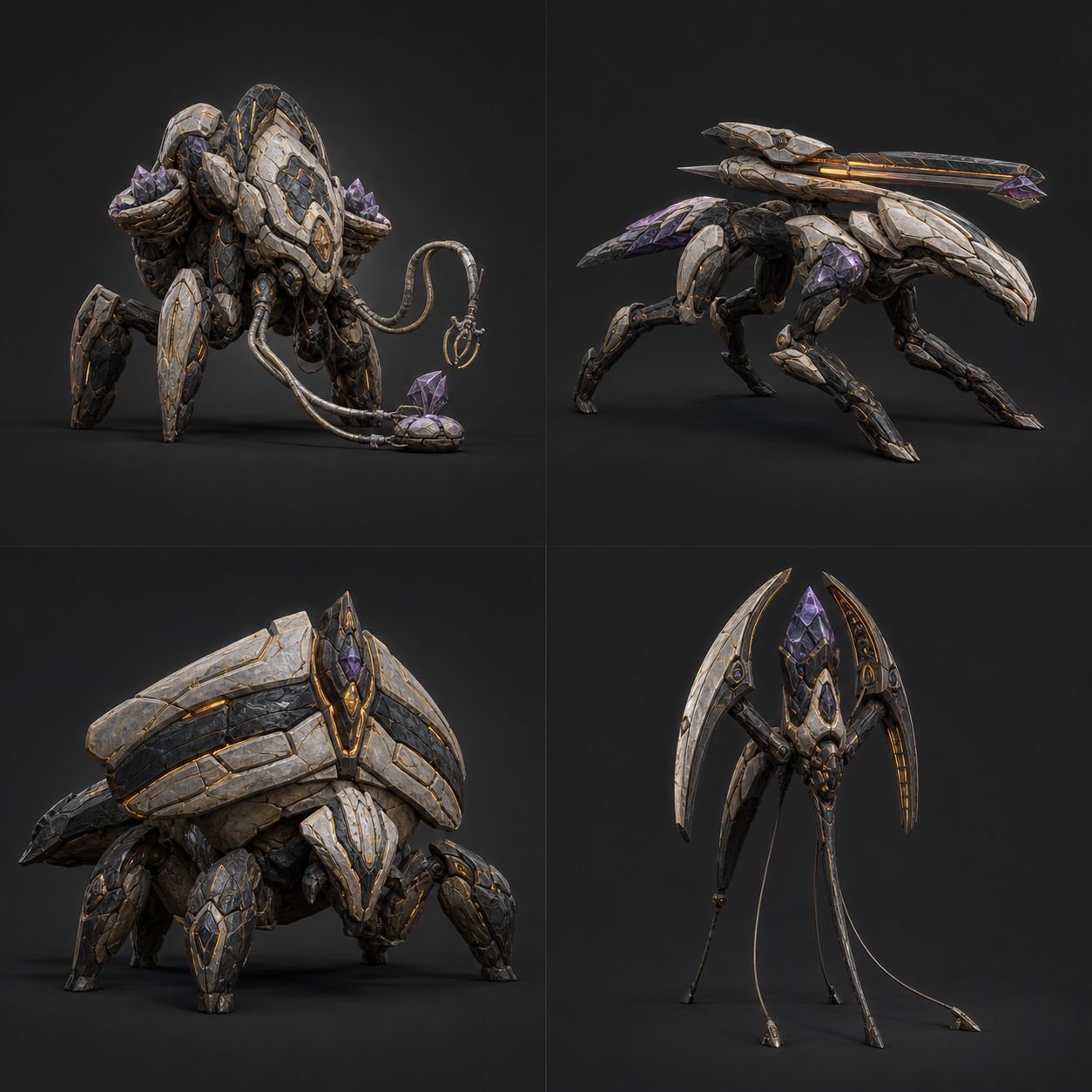 Concept target, not gameplay: four Kharuun Assemblies warforms on a dark ground, a crouched Tender with cable-like manipulators, a low quadruped Riftstalker with a long dorsal lance, a broad-shelled Cairnback, and a tall thin Resonant with crescent sensor arms, all in layered ivory and basalt stone-ceramic with amber seams and violet crystal accents.
