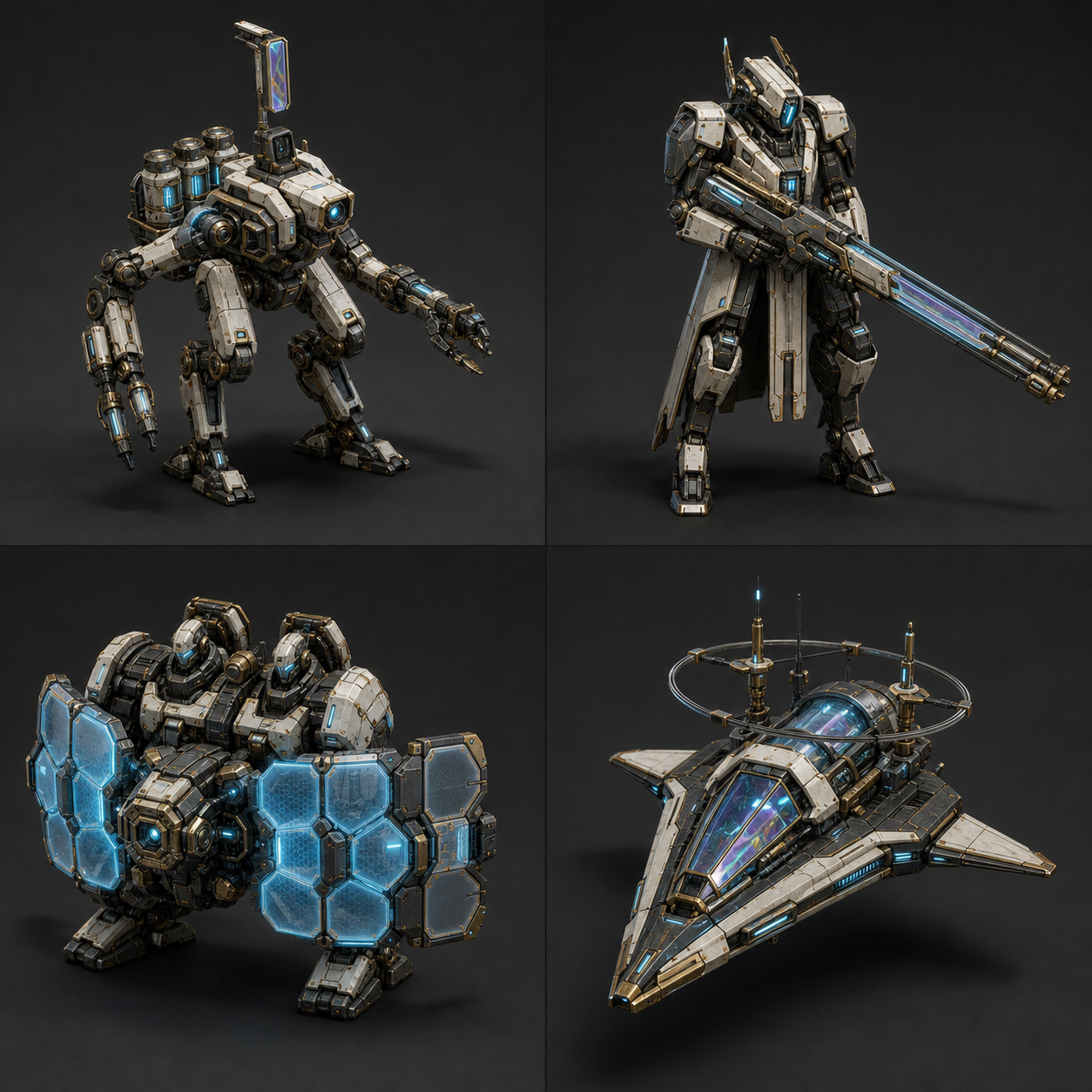 Concept target, not gameplay: four Meridian Compact units on a dark ground, a two-legged Surveyor exoframe with twin manipulator arms and a sensor mast, a Lancer with a long prismatic rifle, a Bulwark Team behind hexagonal cyan shield panels, and a winged Relay Skiff craft, all in ivory ceramic and graphite with brass fittings and cyan status bands.