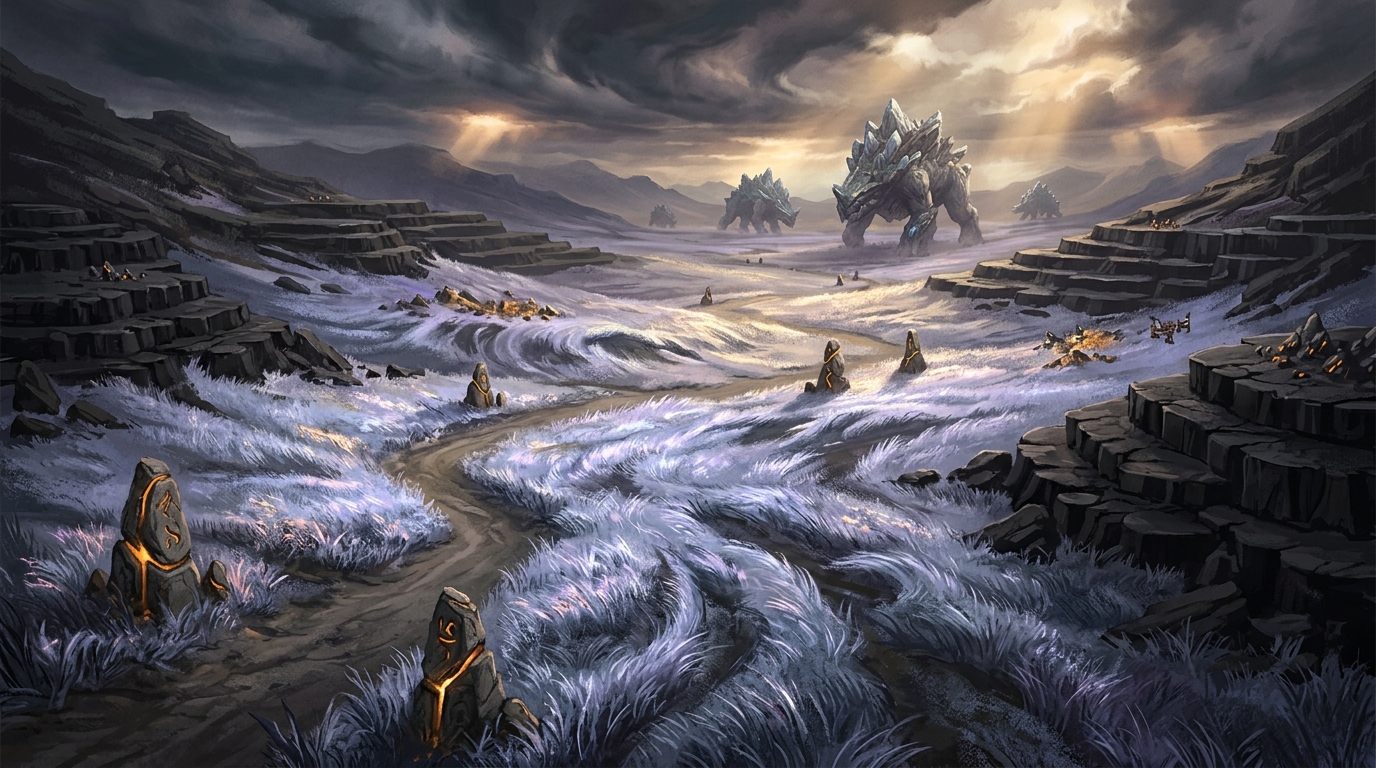 Concept target, not gameplay: rolling prairie of probability-sensitive shivergrass rippling under an amber sky with massive wandering Vaultbacks.