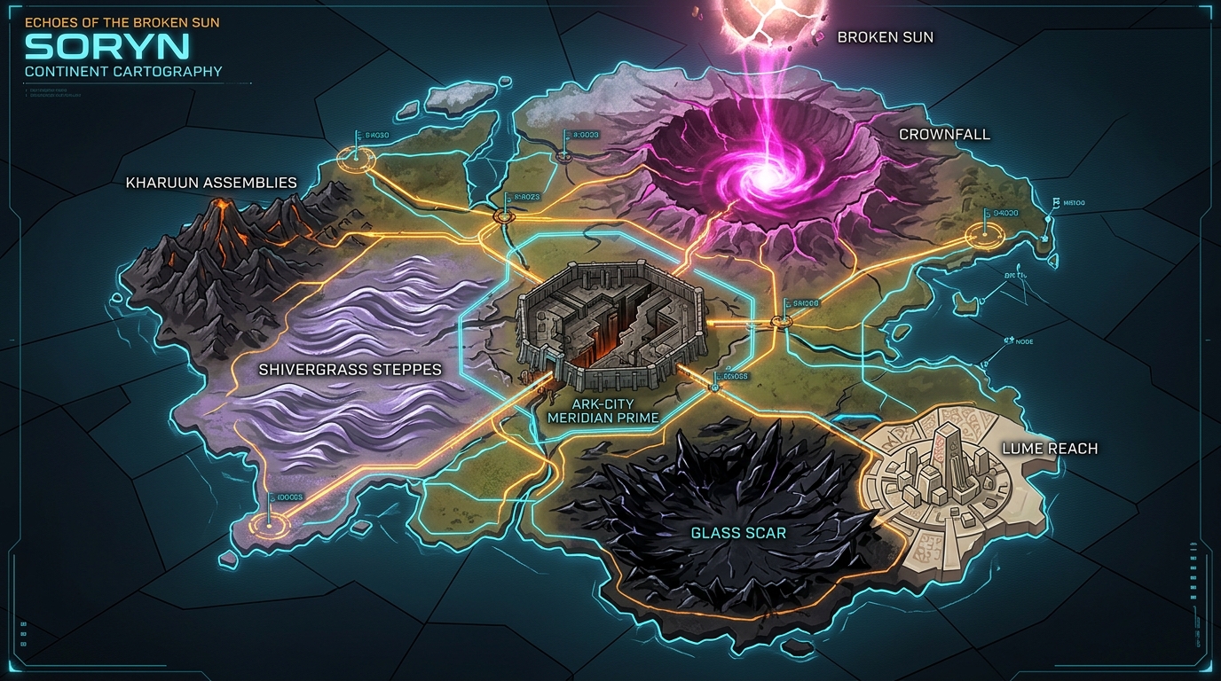 Concept target, not gameplay: continental cartography of Soryn showing regional territories, tectonic fault lines, and transit arteries under the shattered Broken Sun.