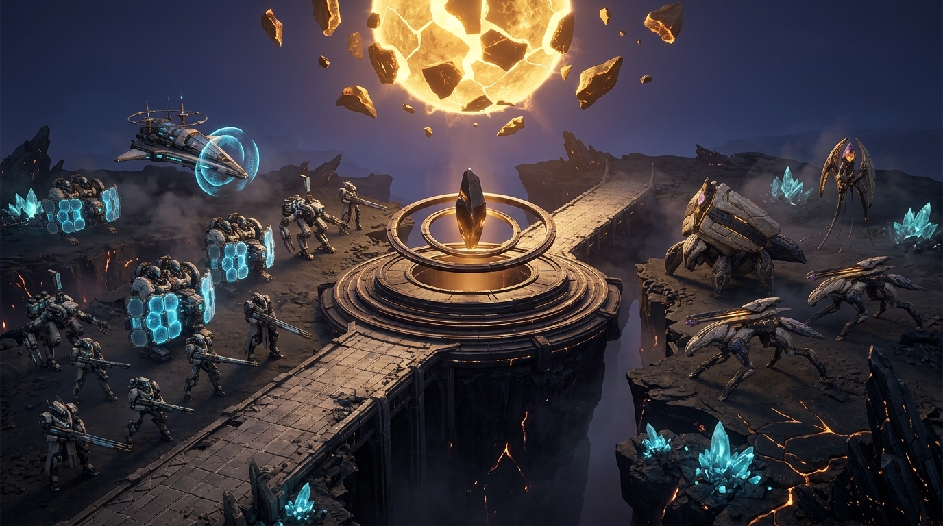 Concept target: Glass Scar vertical slice at dusk with Future Well center.