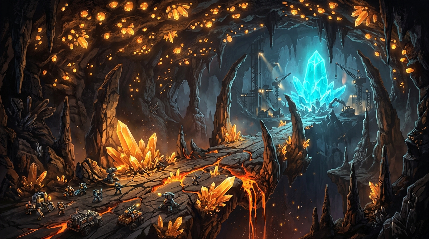Concept target, not gameplay: subterranean crystal geode highway lit by cyan bioluminescence with massive hanging stalactites and mining scaffoldings.