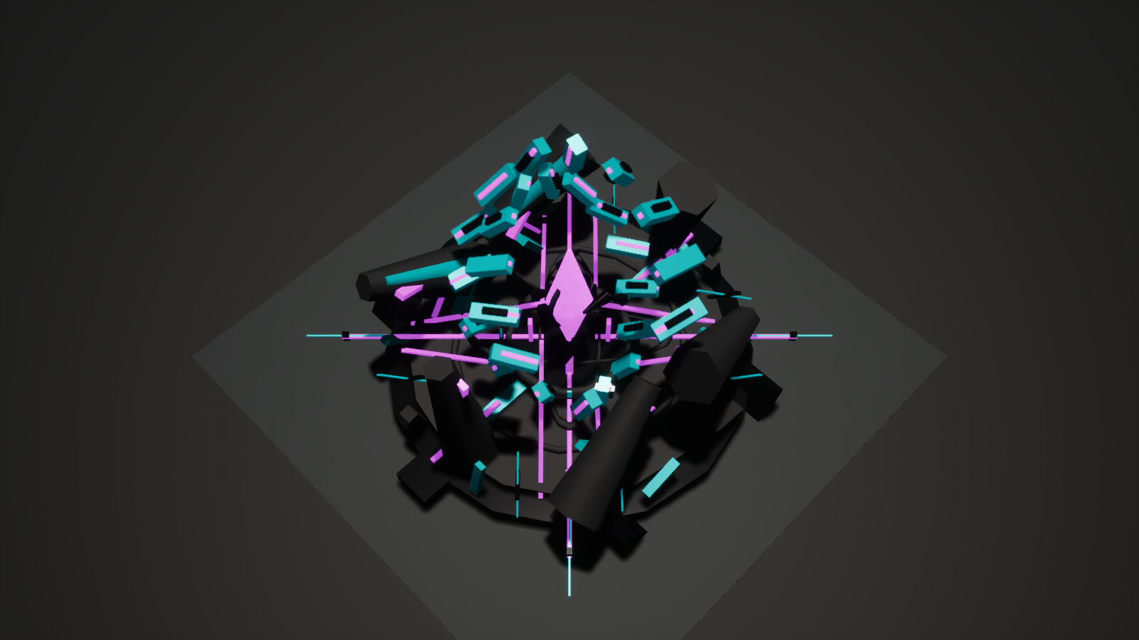 Current Unreal capture of a reshaped Future Well with intersecting tilted rings, a divided violet-cyan core, and crossed ground paths.