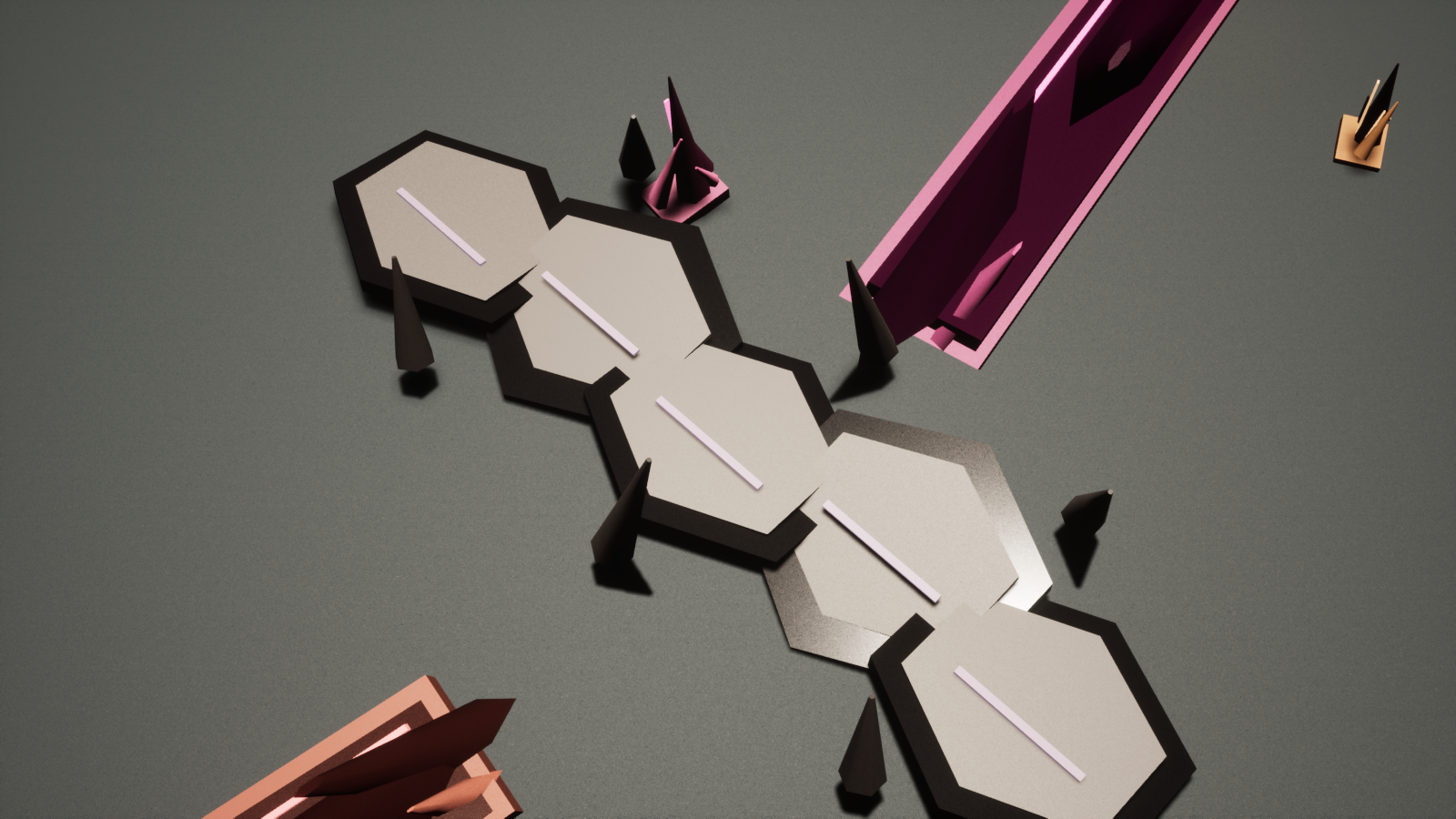 Current Unreal close view of Ash Cut, an irregular crossing made from six scalloped pale plates between black-glass shards.