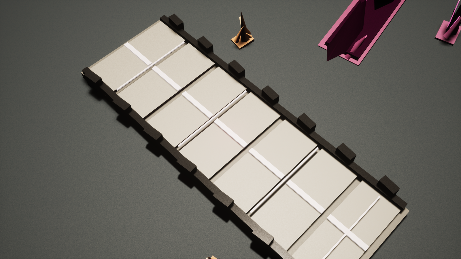 Current Unreal close view of the Buried Causeway, a broad straight transit deck with repeated pale slabs, ribs, and broken dark parapets.
