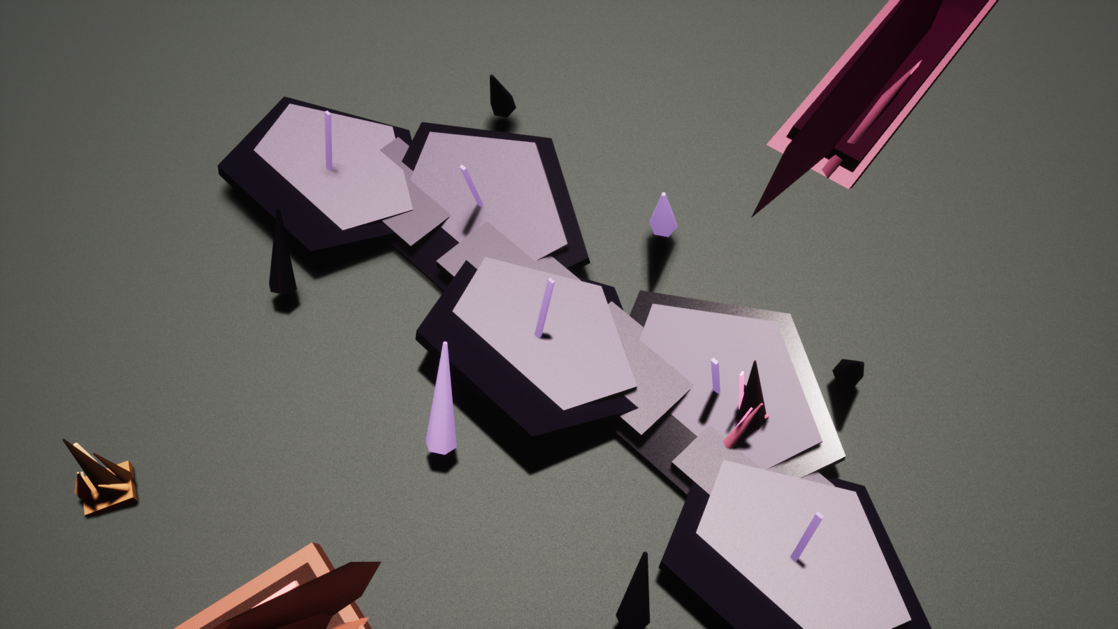 Current Unreal close view of the Folded Verge, an angular violet crossing of offset plates and displaced shards.