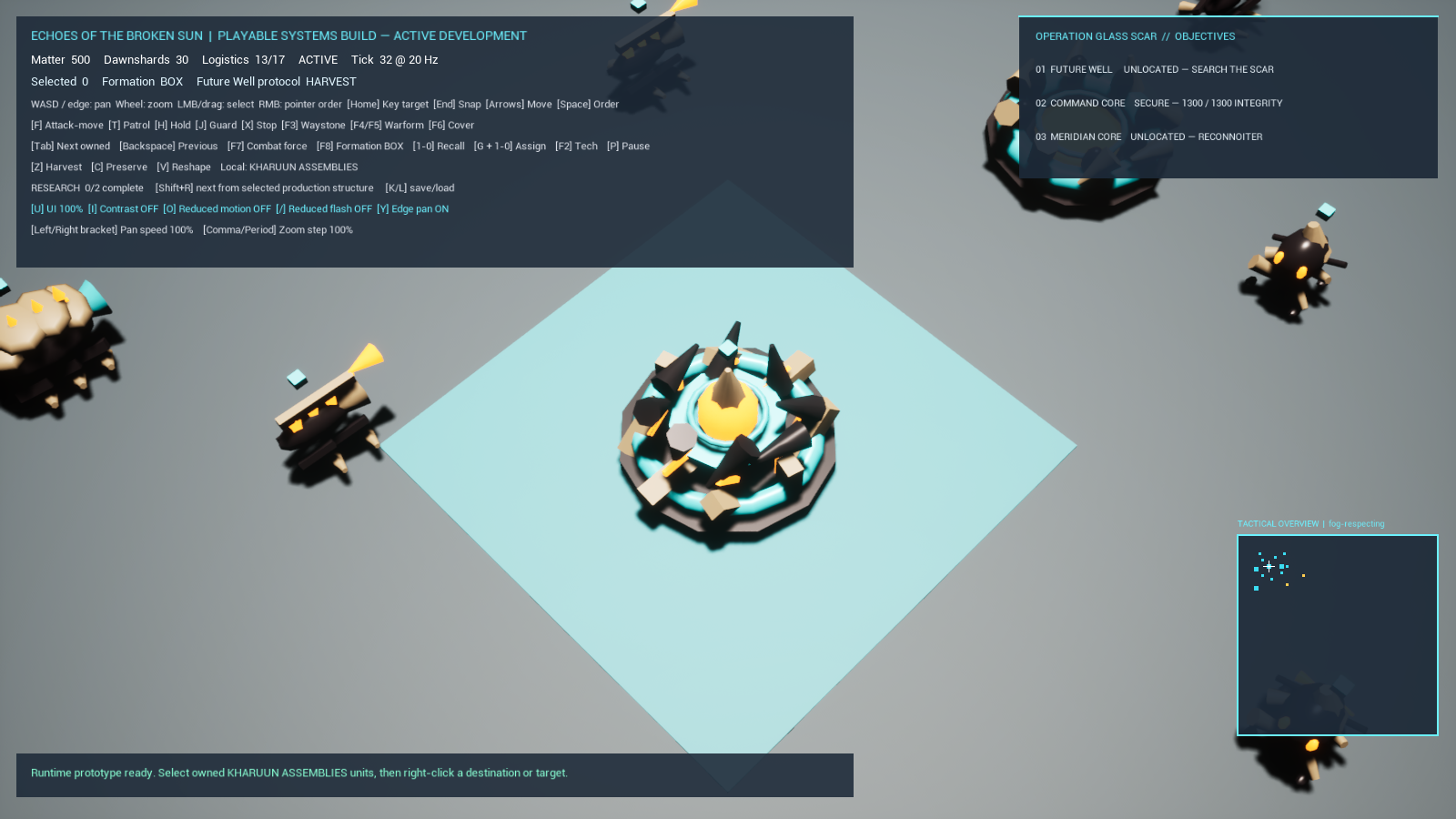 Current Unreal match showing the Kharuun Memory Hearth and nearby authored Kharuun warforms and structures from the RTS camera.