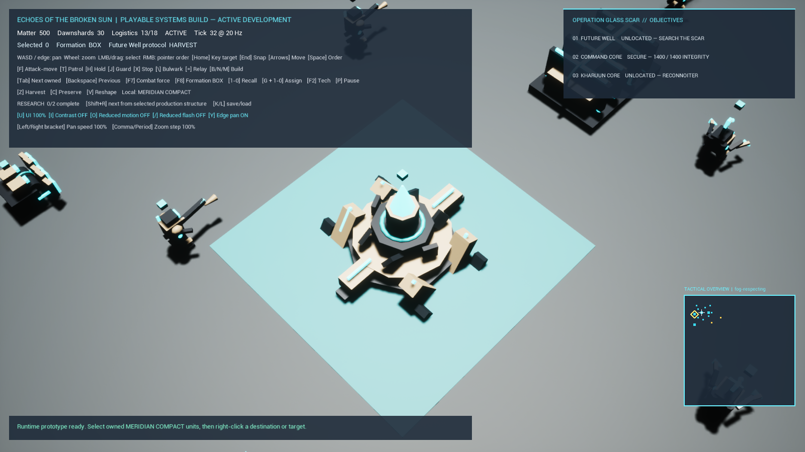 Current Unreal match showing the Meridian Anchor and nearby authored Meridian units and structures from the RTS camera.